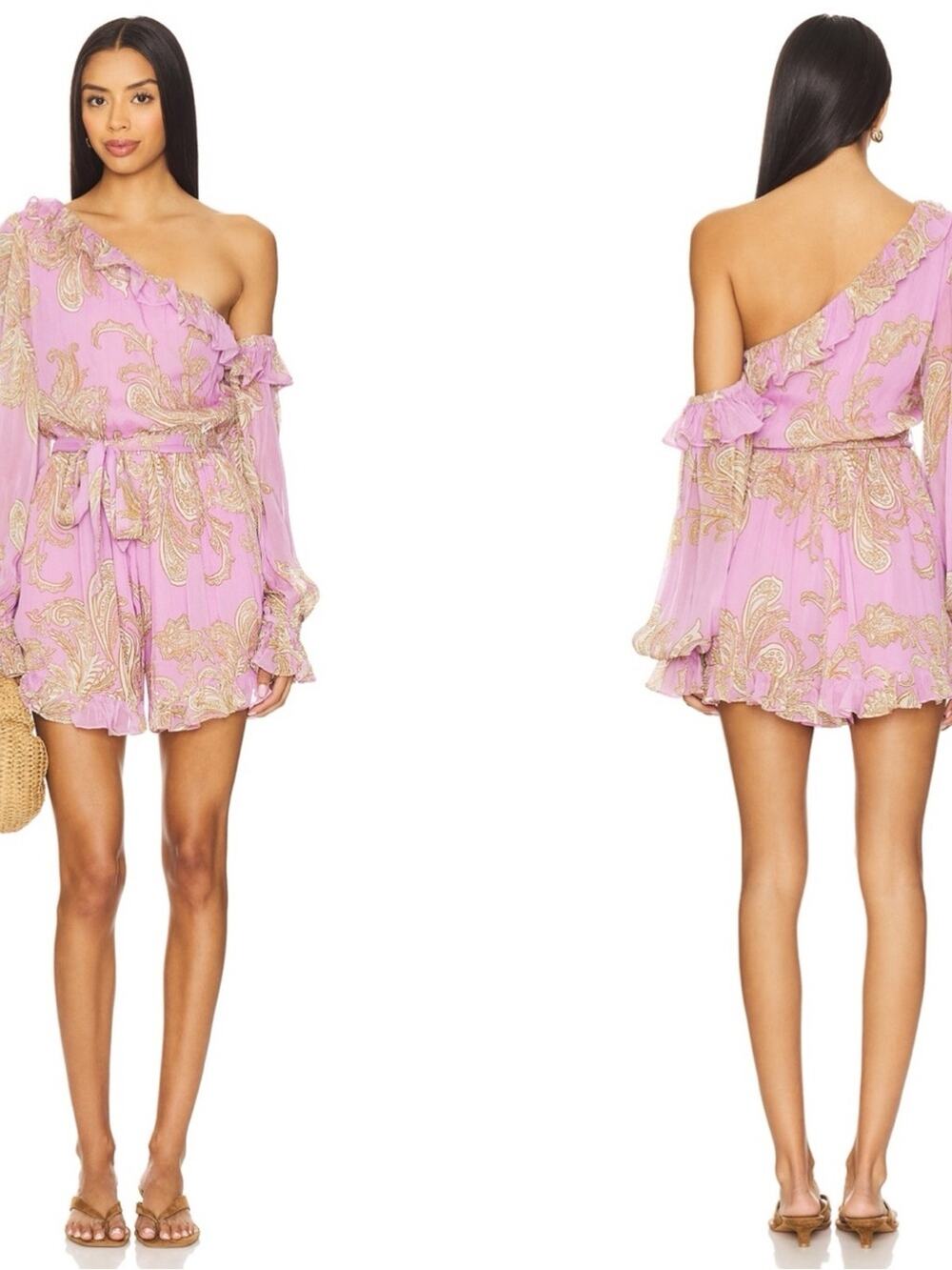 HEMANT & NANDITA Floral Off the Shoulder Ruffle Long Sleeve Lilac Romper Size S